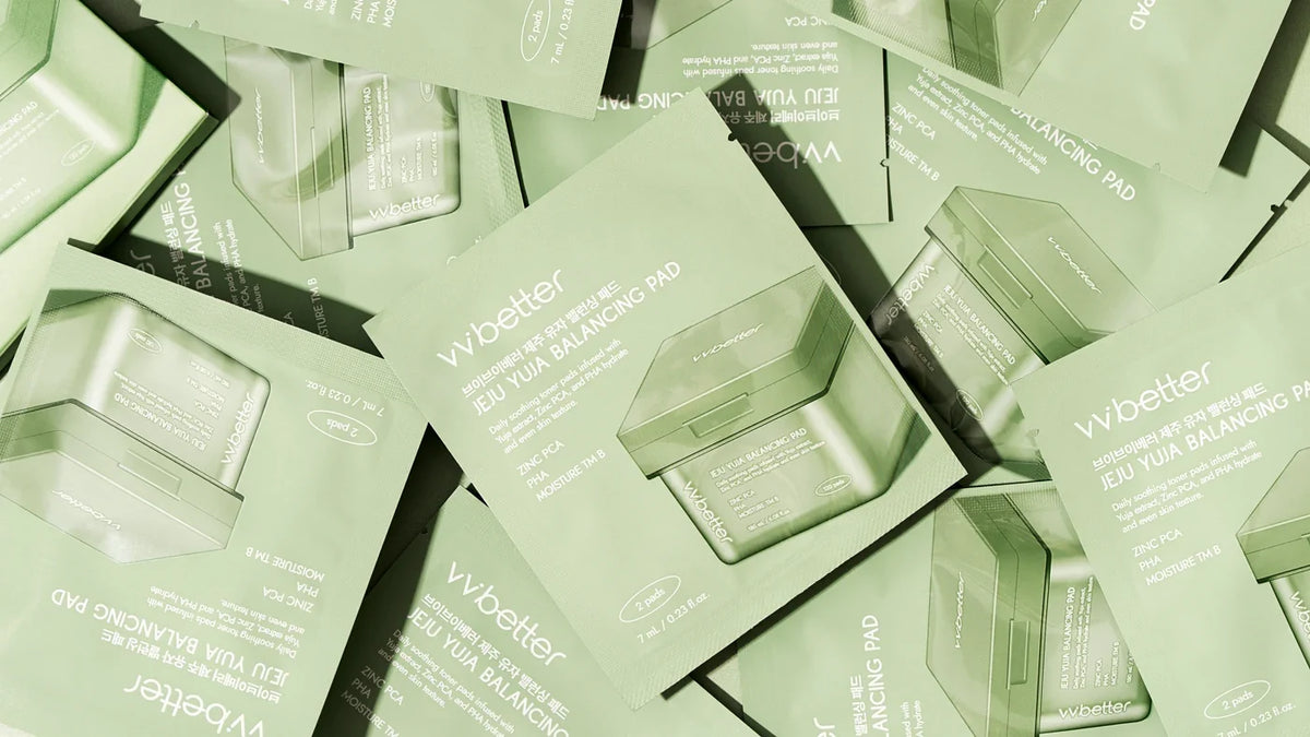 Jeju Yuja Balancing Pad mini set pouches in pale green foil scattered together