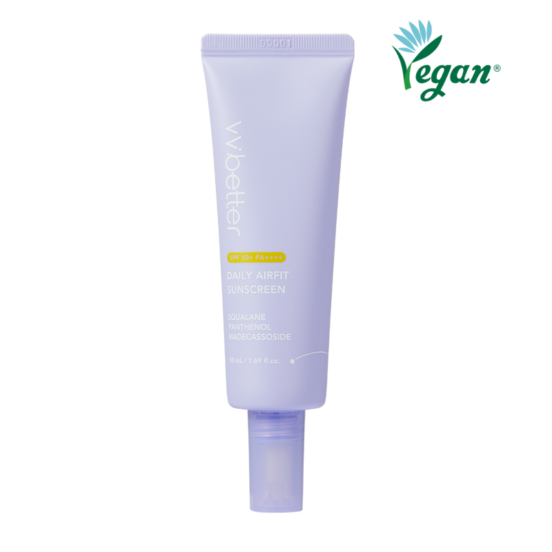 Daily Airfit Sunscreen SPF50+ PA++++ — lavender 50 ml tube, front packshot, vegan mark