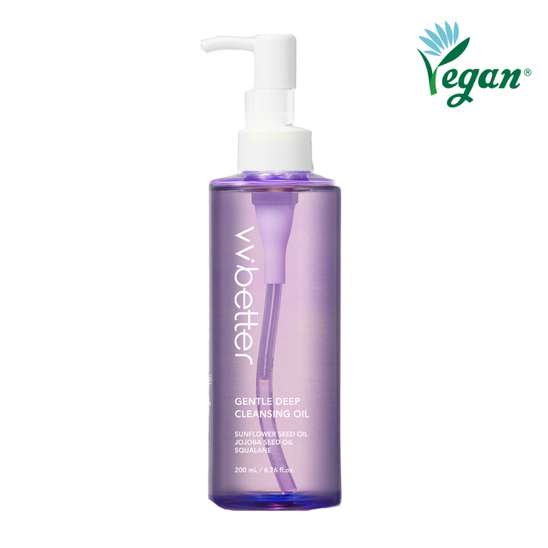 Gentle Deep Cleansing Oil — purple 200 ml pump bottle, front packshot, vegan mark