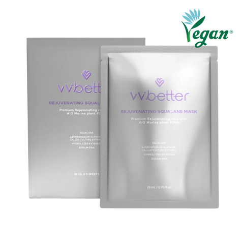 Rejuvenating Squalane Mask — silver box and single pouch, front packshot, vegan mark