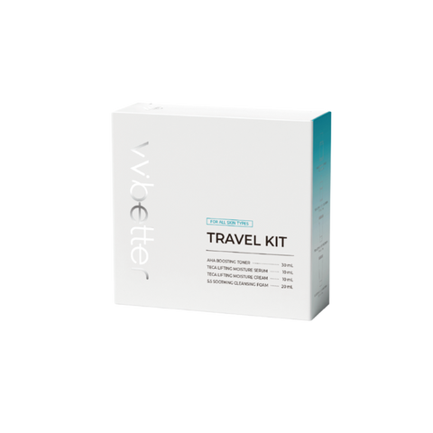 Travel Kit Blue — white kit box, angled front view, label listing the four travel sizes: toner 30 ml, serum 10 ml, cream 10 ml, foam 20 ml