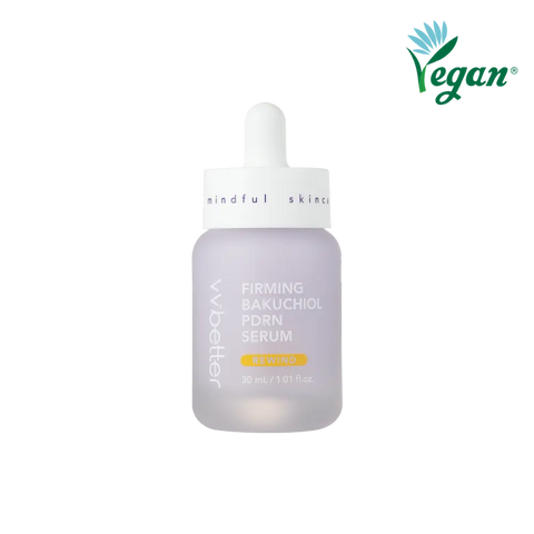 Firming Bakuchiol PDRN Serum — lavender 30 ml dropper bottle with REWIND badge, front packshot, vegan mark