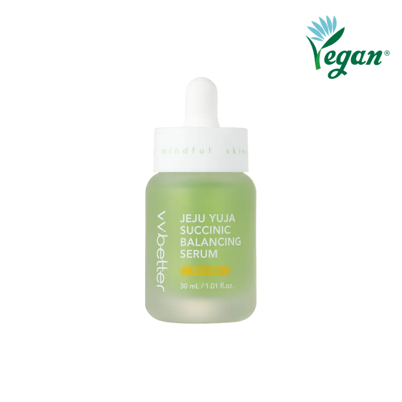 Jeju Yuja Succinic Balancing Serum — pale green 30 ml dropper bottle with REFINE badge, front packshot, vegan mark