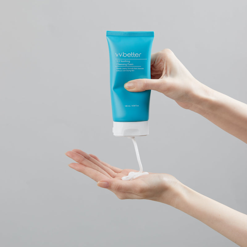 5.5 Soothing Cleansing Foam — white cream squeezed from the tube into a cupped palm