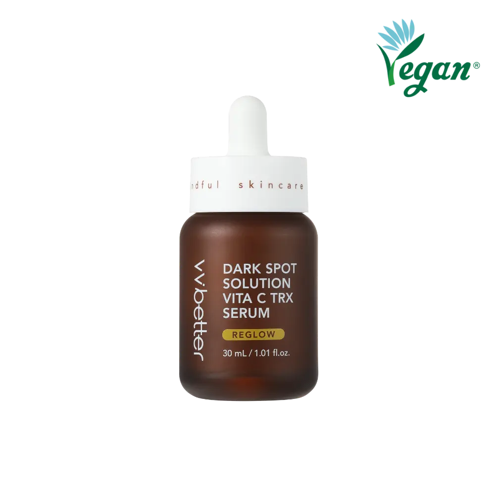 Dark Spot Solution Vita C TRX Serum — brown 30 ml dropper bottle with REGLOW badge, front packshot, vegan mark