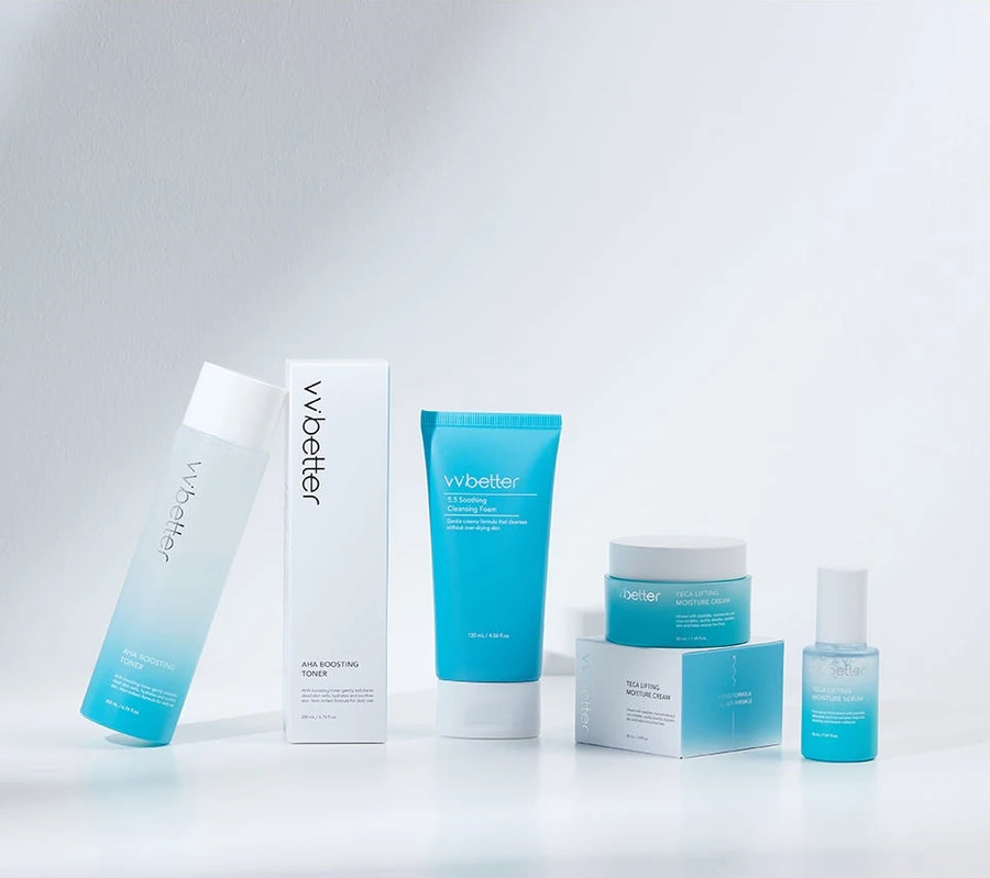 VVBETTER Blue Line: AHA Boosting Toner, 5.5 Soothing Cleansing Foam, Teca cream and serum