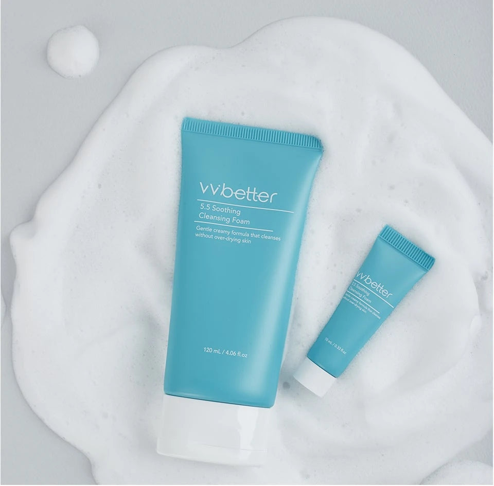 VVBETTER 5.5 Soothing Cleansing Foam 120 mL tube and travel tube on a pool of white foam