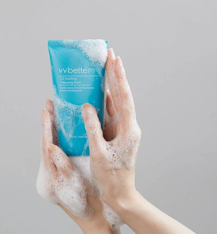 Two hands working the 5.5 Soothing Cleansing Foam into a lather