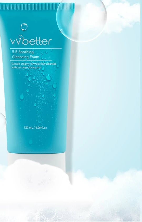 Dewy 5.5 Soothing Cleansing Foam tube rising from a cloud of foam
