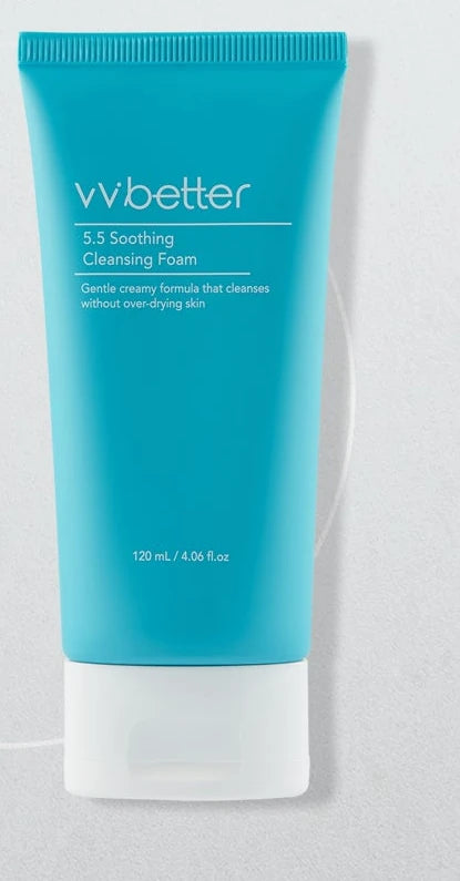 5.5 Soothing Cleansing Foam tube standing in front of a thin white circle