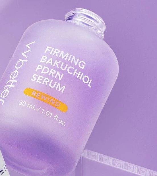 An open VVBETTER Firming Bakuchiol PDRN Serum bottle tilted on a purple background