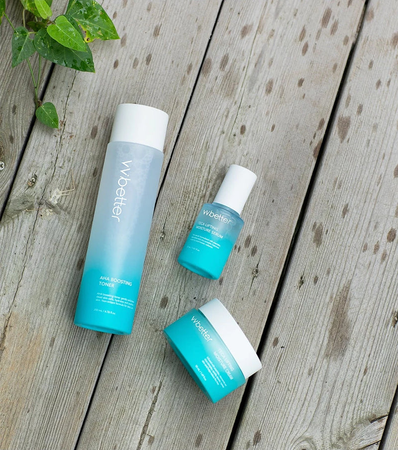 Blue Line toner, serum and cream lying on a weathered wooden deck