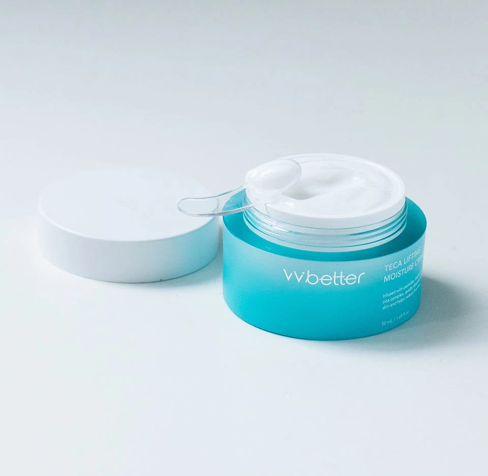 Open VVBETTER TECA Lifting Moisture Cream jar with a scoop of white cream on the spatula