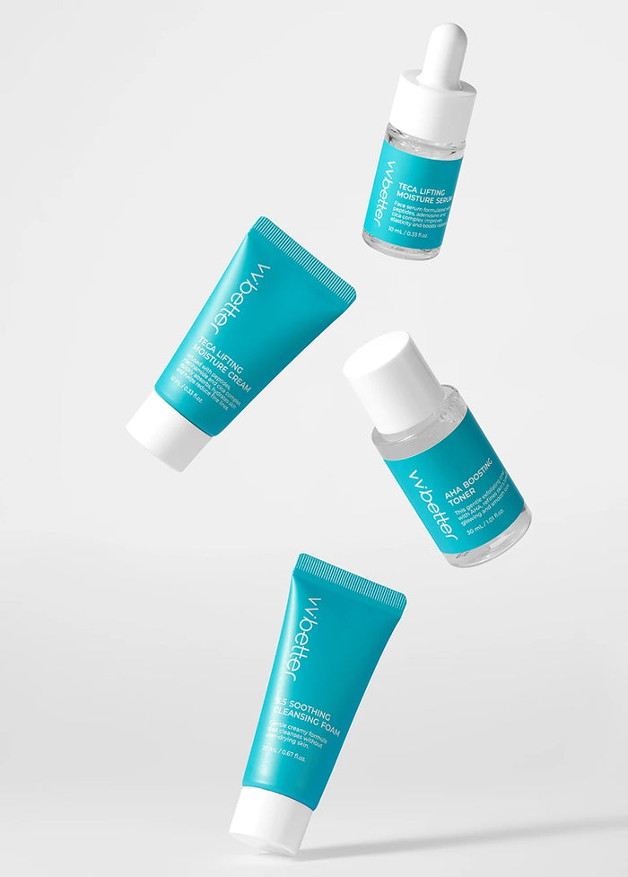 The four Travel Kit Blue minis floating