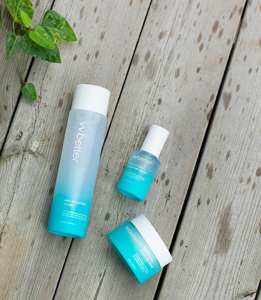 Blue Line toner, serum and cream on a weathered wooden deck