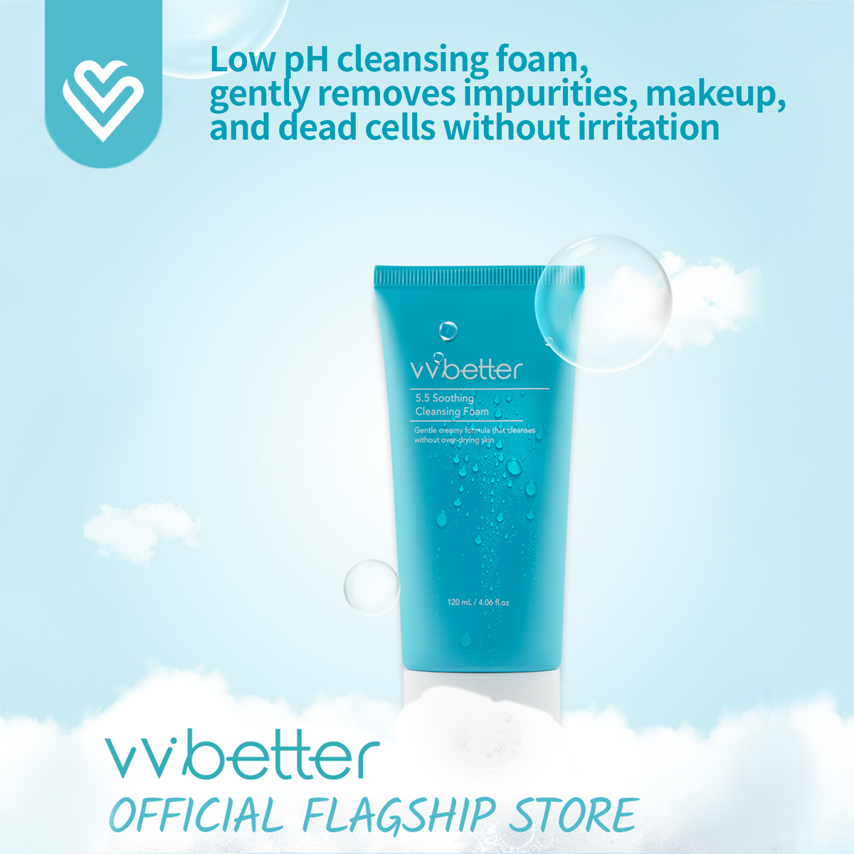 5.5 Soothing Cleansing Foam — tube with water droplets among clouds and bubbles, headline overlay