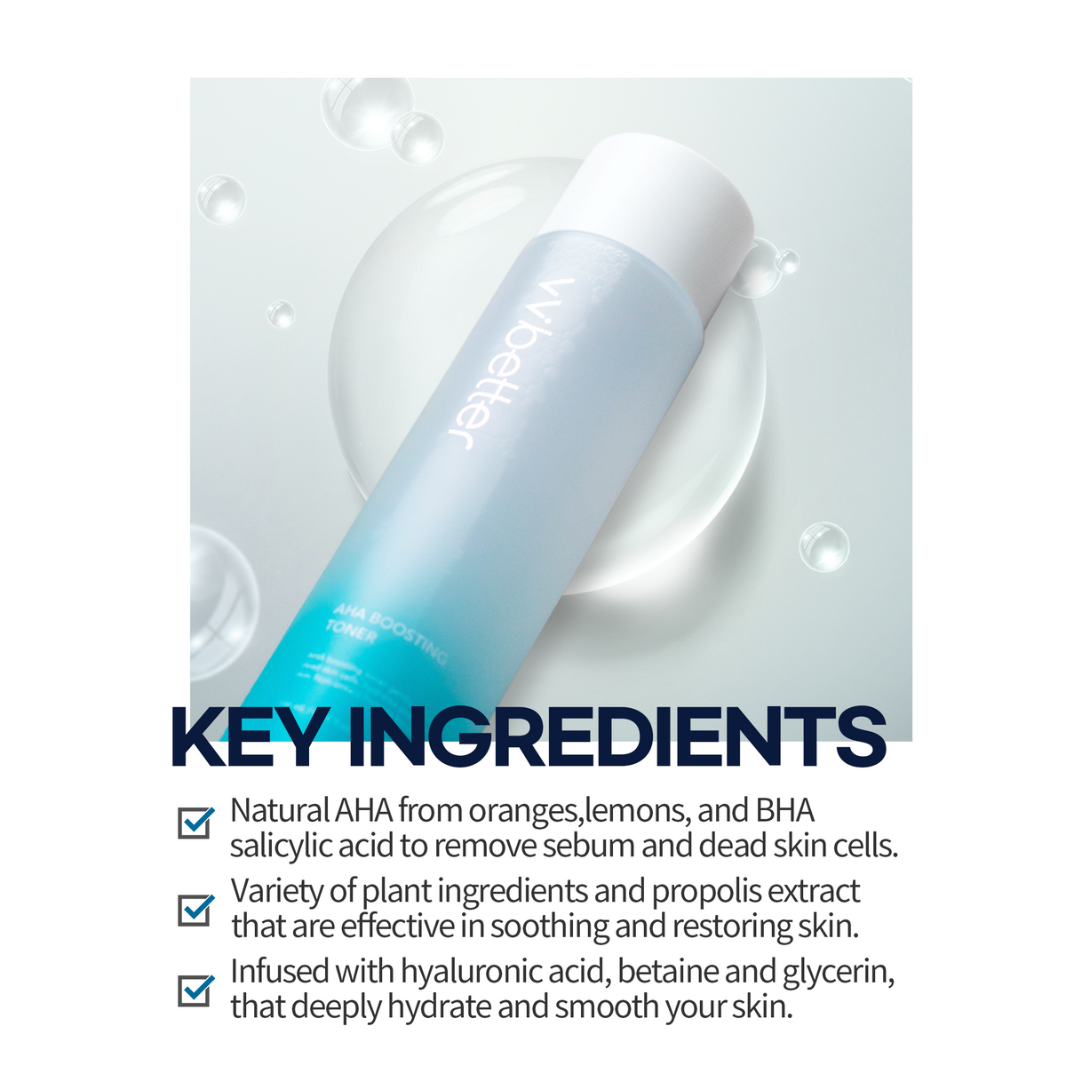 AHA Boosting Toner — bottle lying on a water droplet, key ingredients list