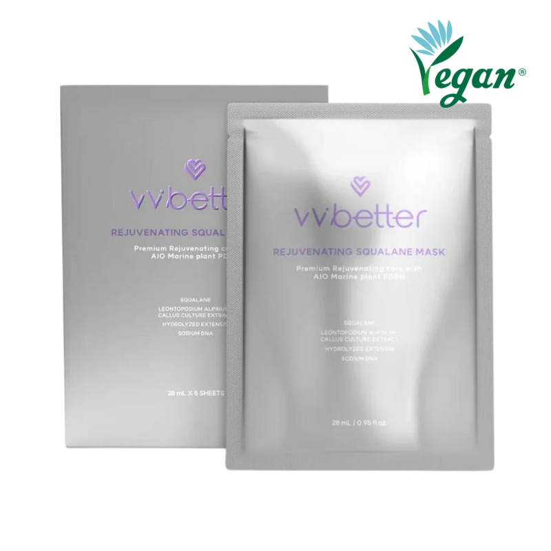 Rejuvenating Squalane Mask silver sachets and box on a dark background