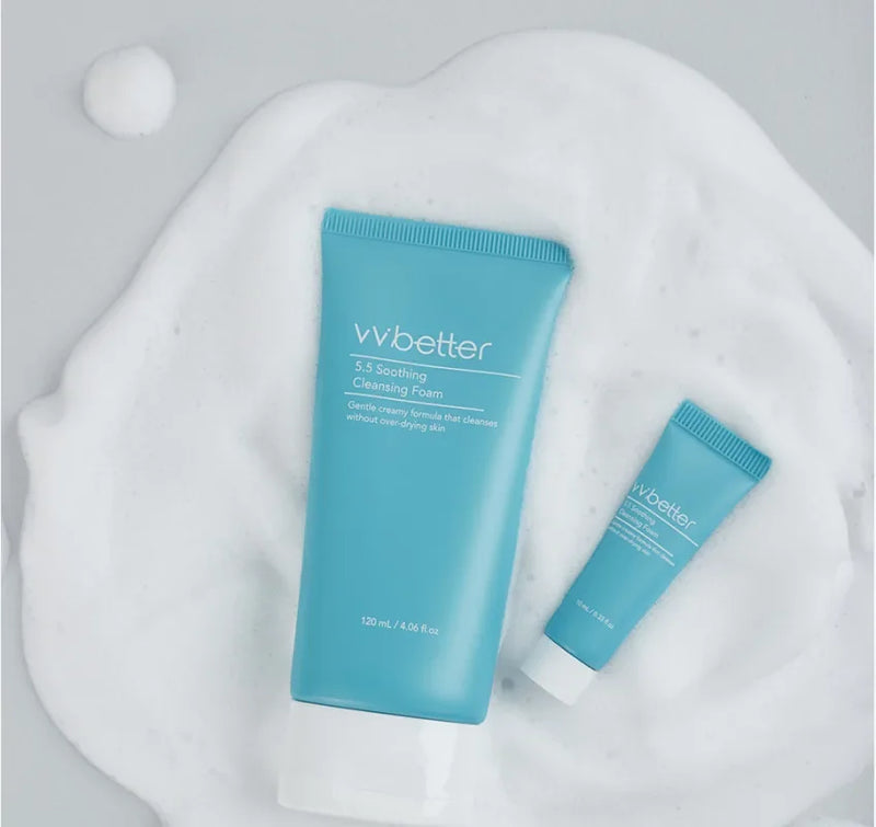 5.5 Soothing Cleansing Foam tubes resting on a bed of white foam, overhead view