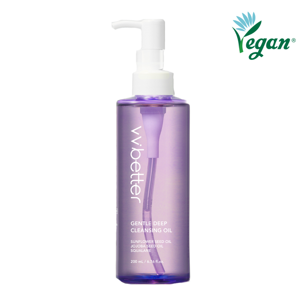 Gentle Deep Cleansing Oil — purple 200 ml pump bottle, front packshot, vegan mark
