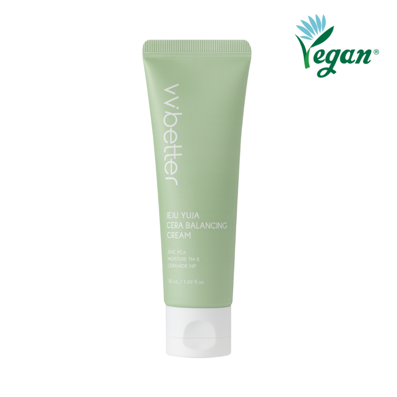 Jeju Yuja Cera Balancing Cream — pale green 50 ml tube, front packshot, vegan mark