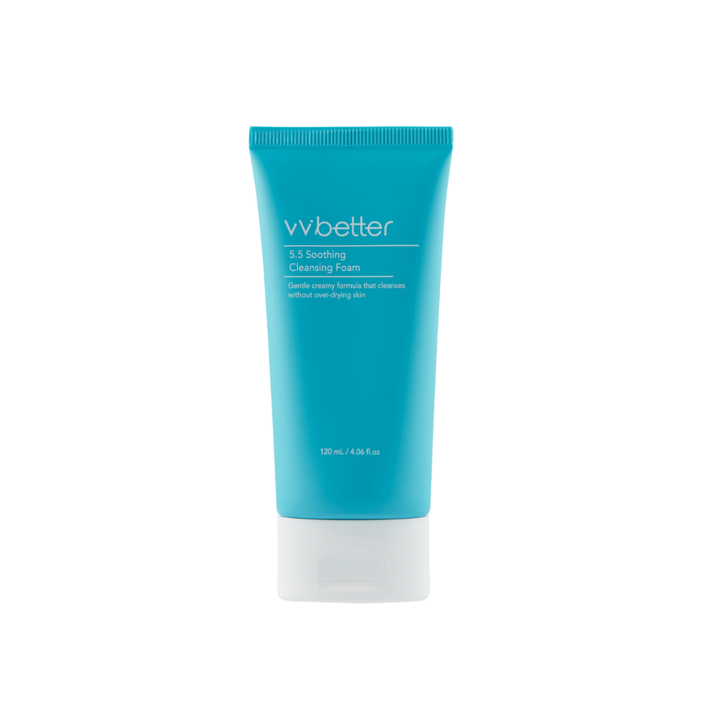 5.5 Soothing Cleansing Foam — front packshot, 120 ml blue tube with white flip cap