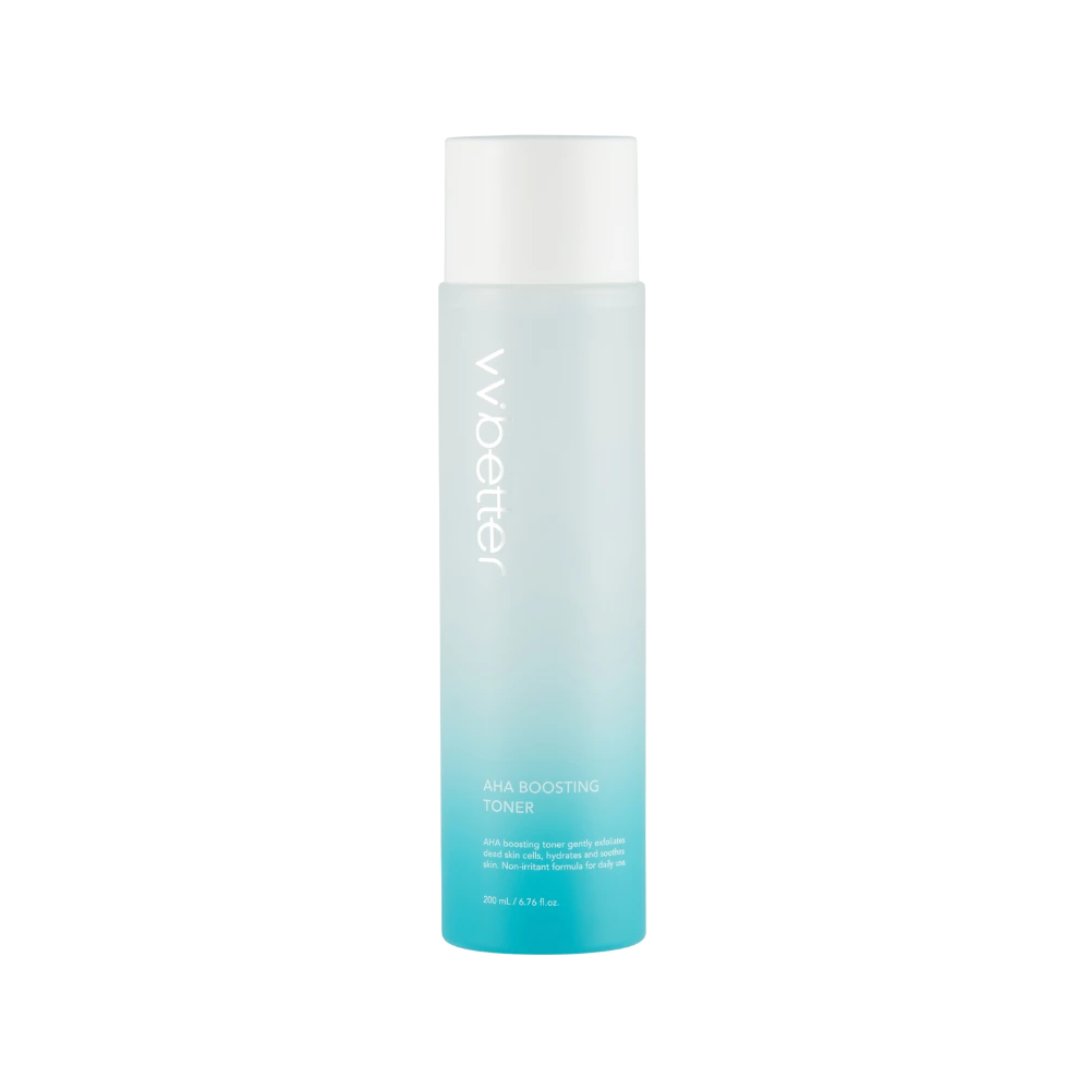 AHA Boosting Toner — front packshot, 200 ml frosted blue-gradient bottle with white screw cap
