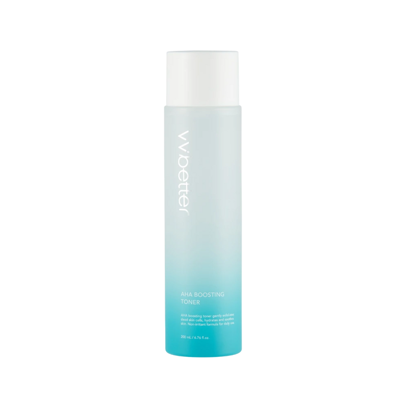 AHA Boosting Toner — front packshot, 200 ml frosted blue-gradient bottle with white screw cap