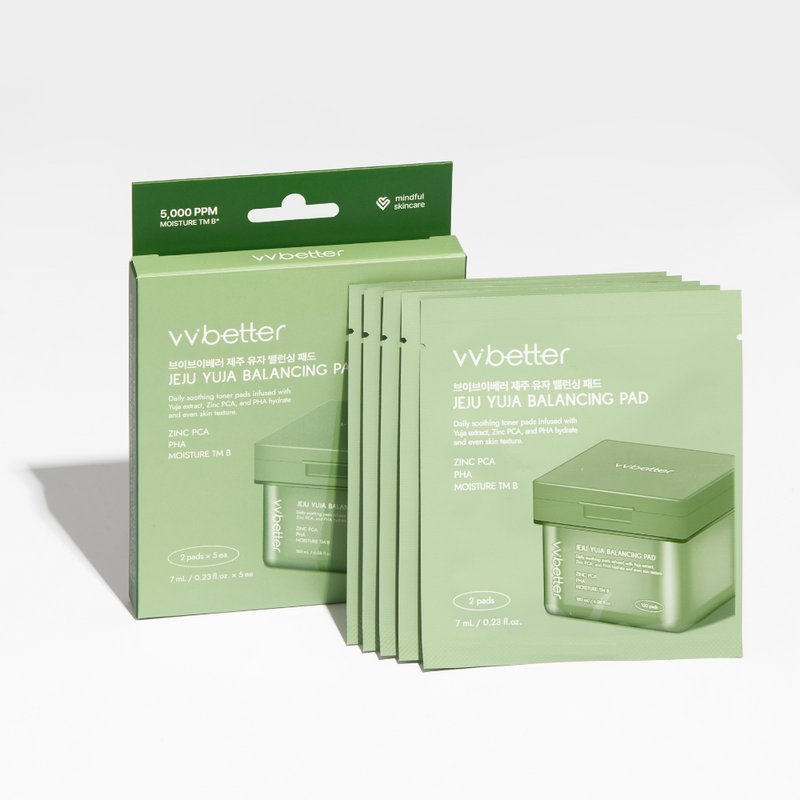Jeju Yuja Balancing Pad Mini Set — box with the five pouches fanned out, angle view