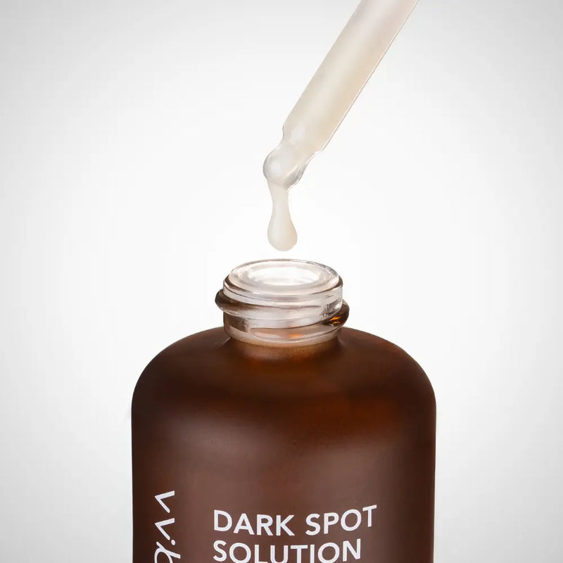 Dark Spot Solution Vita C TRX Serum — glass dropper releasing a drop of clear serum into the open bottle, texture close-up