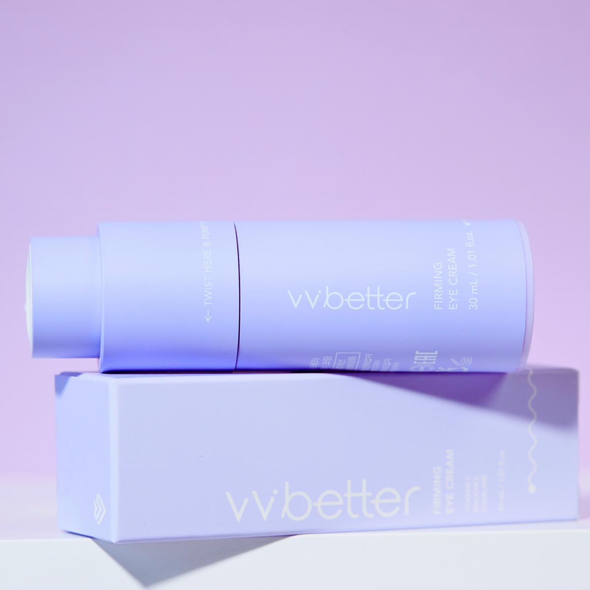 Firming Eye Cream — bottle twisted open on its box, pump head and "twist here and pump it" print visible