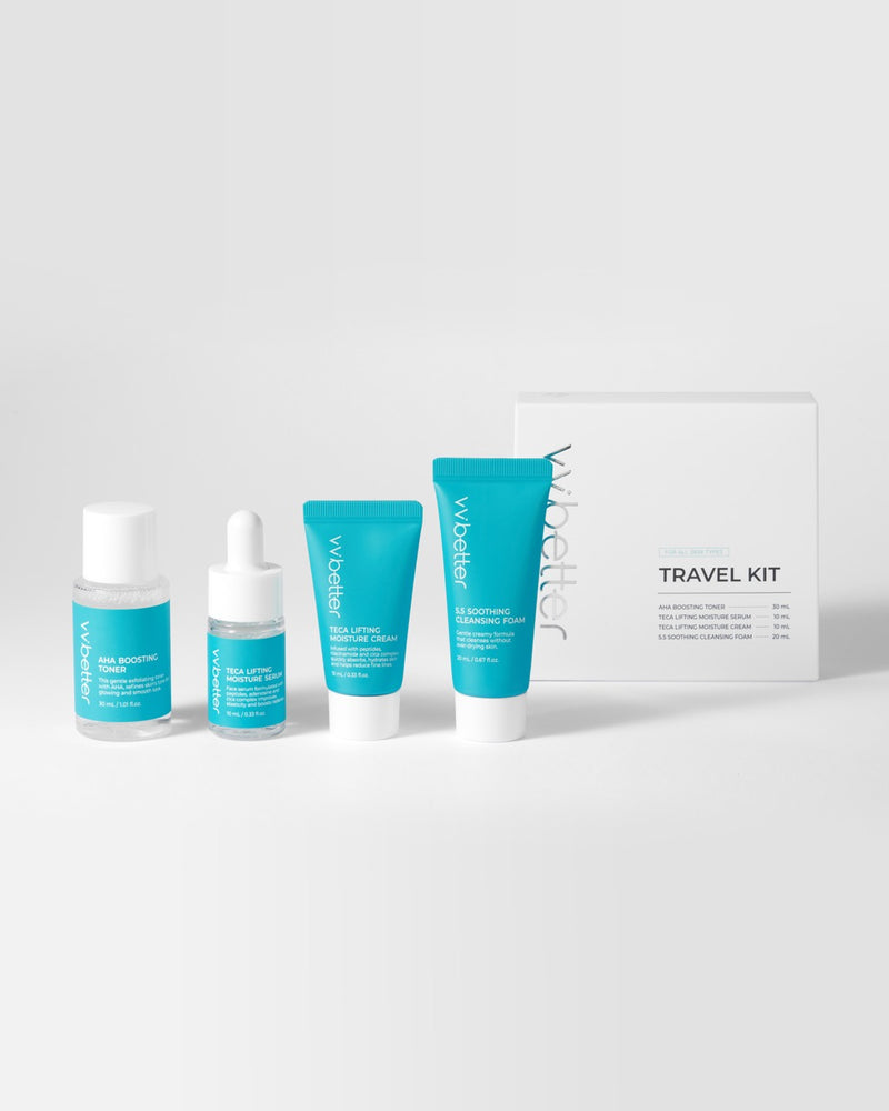 Travel Kit Blue — 30 ml toner bottle, 10 ml serum dropper, 10 ml cream tube and 20 ml foam tube in a row beside the white box