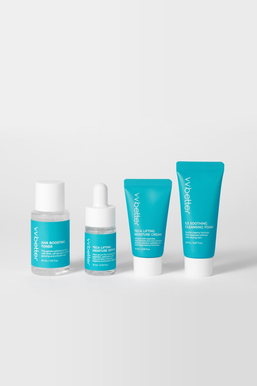 Travel Kit Blue — toner bottle, serum dropper, cream tube and foam tube standing in a row, front view
