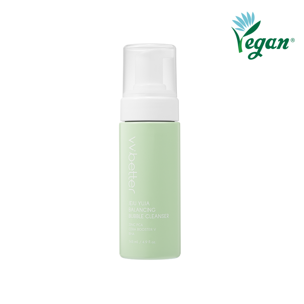 Jeju Yuja Balancing Bubble Cleanser — pale green 145 ml foam pump bottle, front packshot, vegan mark