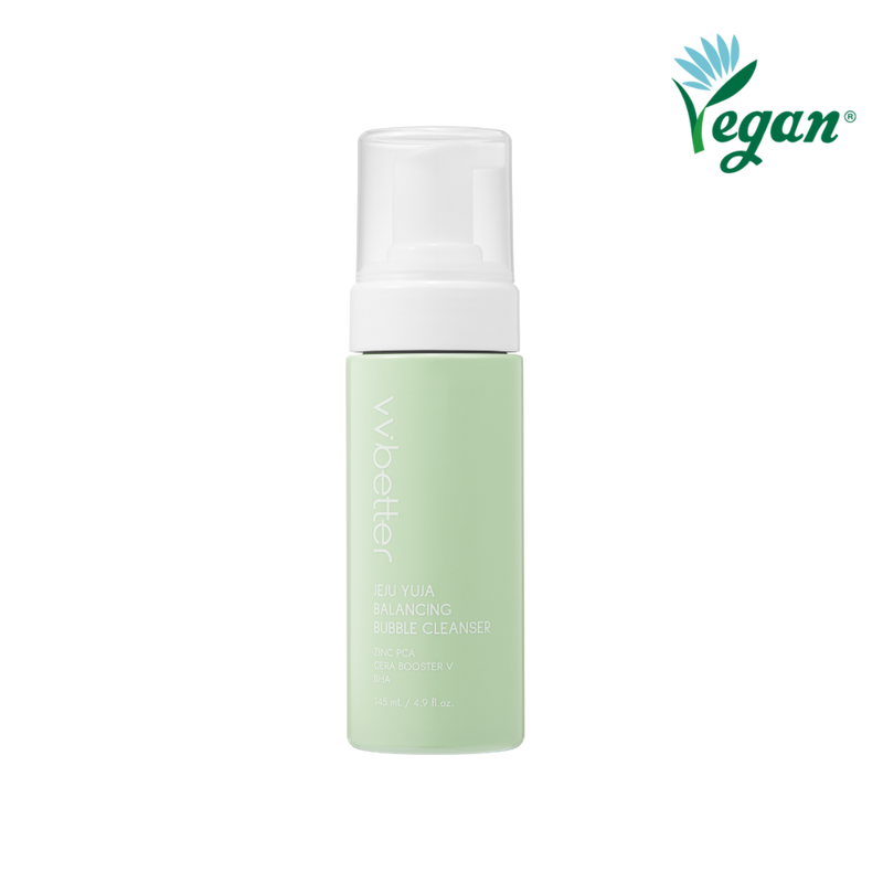 Jeju Yuja Balancing Bubble Cleanser — pale green 145 ml foam pump bottle, front packshot, vegan mark