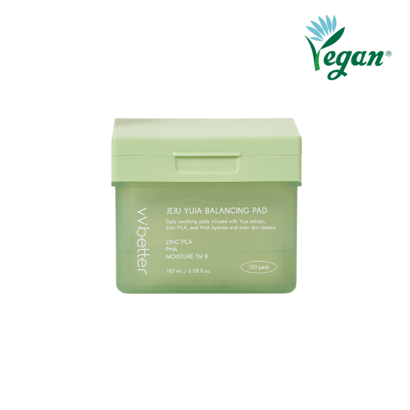Jeju Yuja Balancing Pad — front packshot, green 180 ml jar with 120 pads, vegan mark