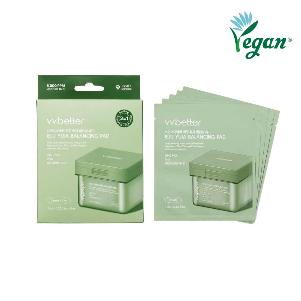 Jeju Yuja Balancing Pad Mini Set — box and five sealed pouches, front packshot, vegan mark