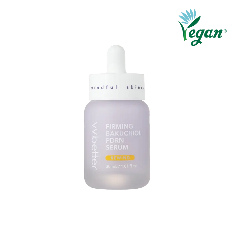 Firming Bakuchiol PDRN Serum — lavender 30 ml dropper bottle with REWIND badge, front packshot, vegan mark