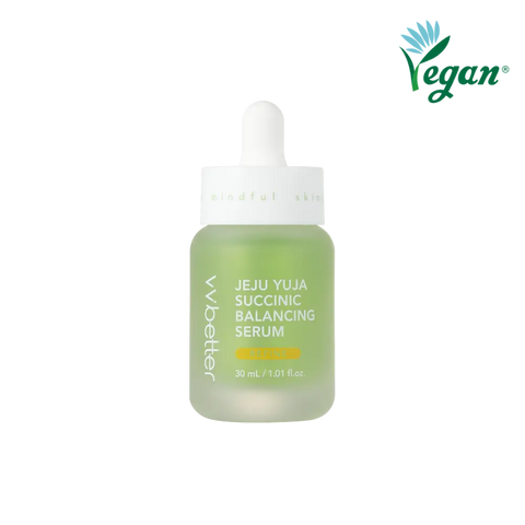 Jeju Yuja Succinic Balancing Serum — pale green 30 ml dropper bottle with REFINE badge, front packshot, vegan mark