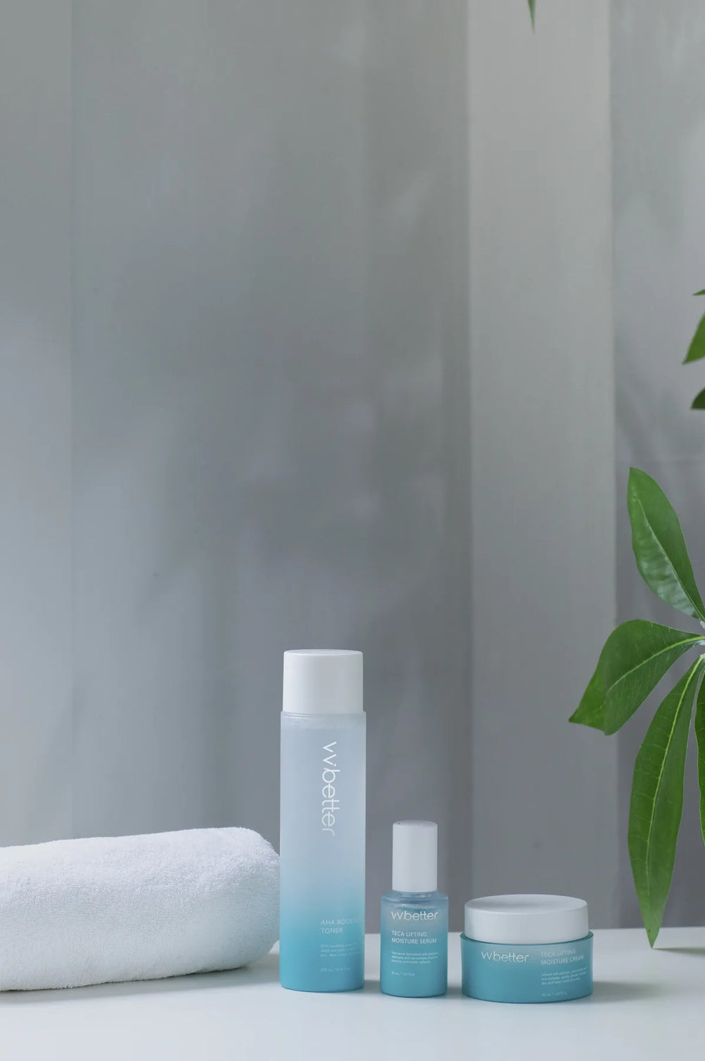 The Blue Line products on a white shelf with a folded towel