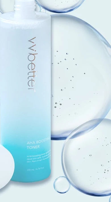 AHA Boosting Toner bottle and cap among clear water bubbles