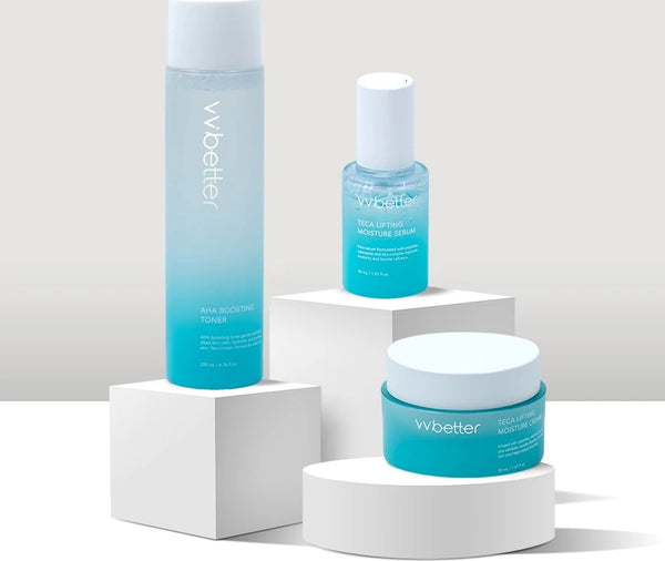 AHA Boosting Toner, TECA serum and TECA cream on white blocks