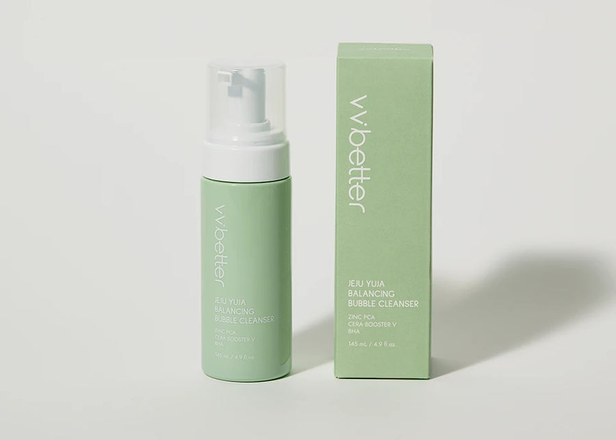 Jeju Yuja Balancing Bubble Cleanser bottle beside its sage-green box