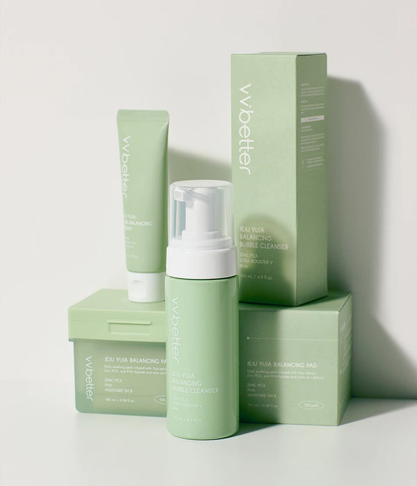 The VVBETTER Green Line: Bubble Cleanser, Cera Balancing Cream and Balancing Pad