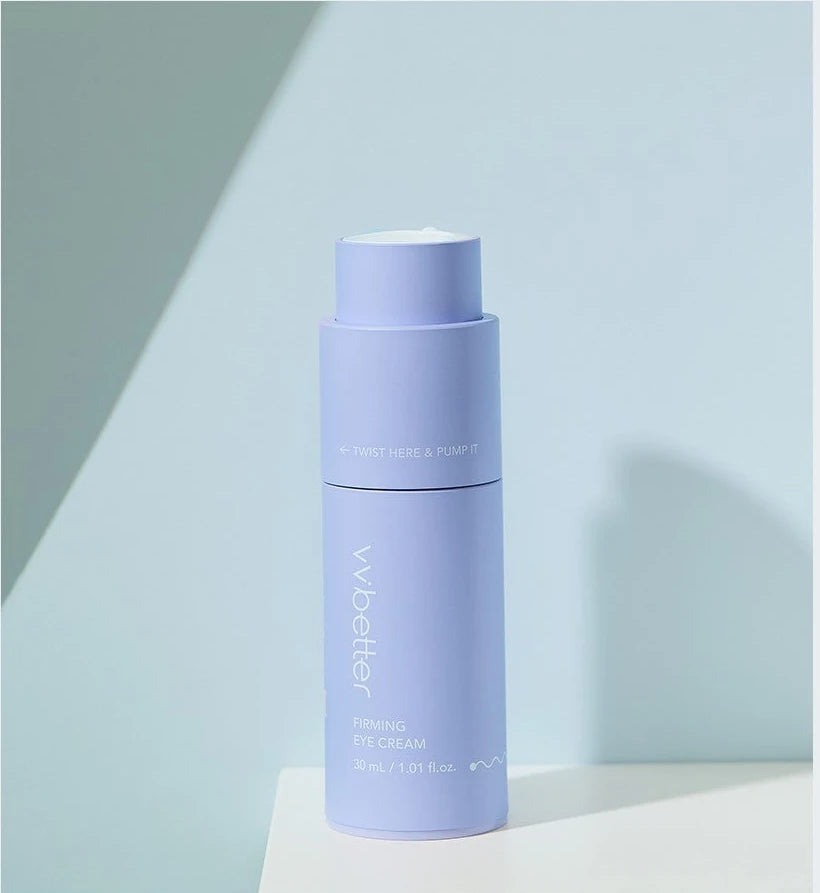 Firming Eye Cream bottle on a white block against a pale blue wall