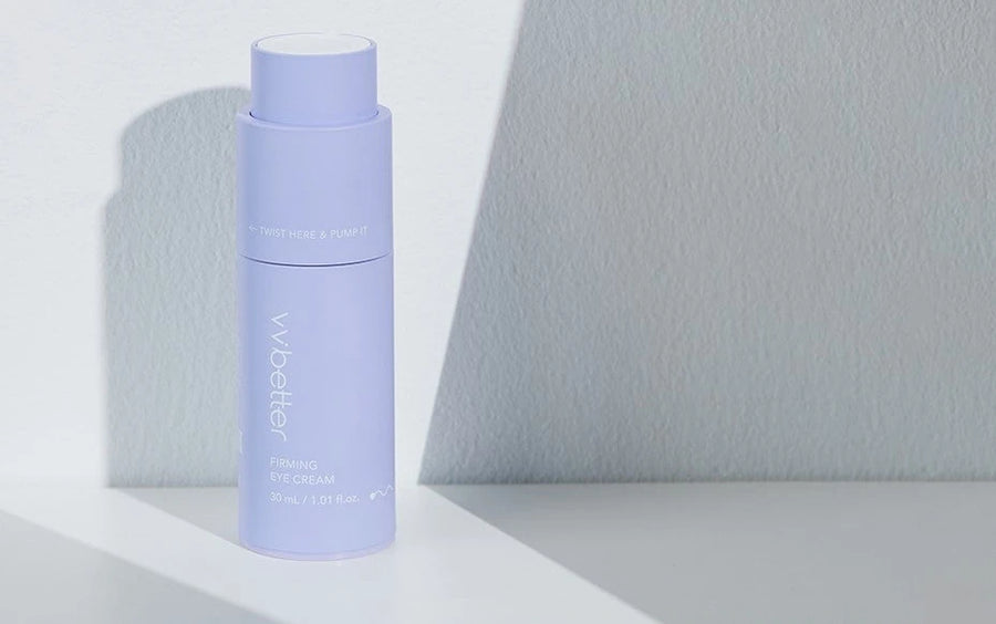 Firming Eye Cream bottle on a white step with a diagonal shadow