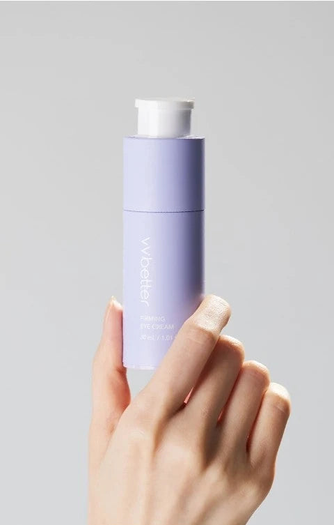 Hand holding the Firming Eye Cream bottle with the pump head raised