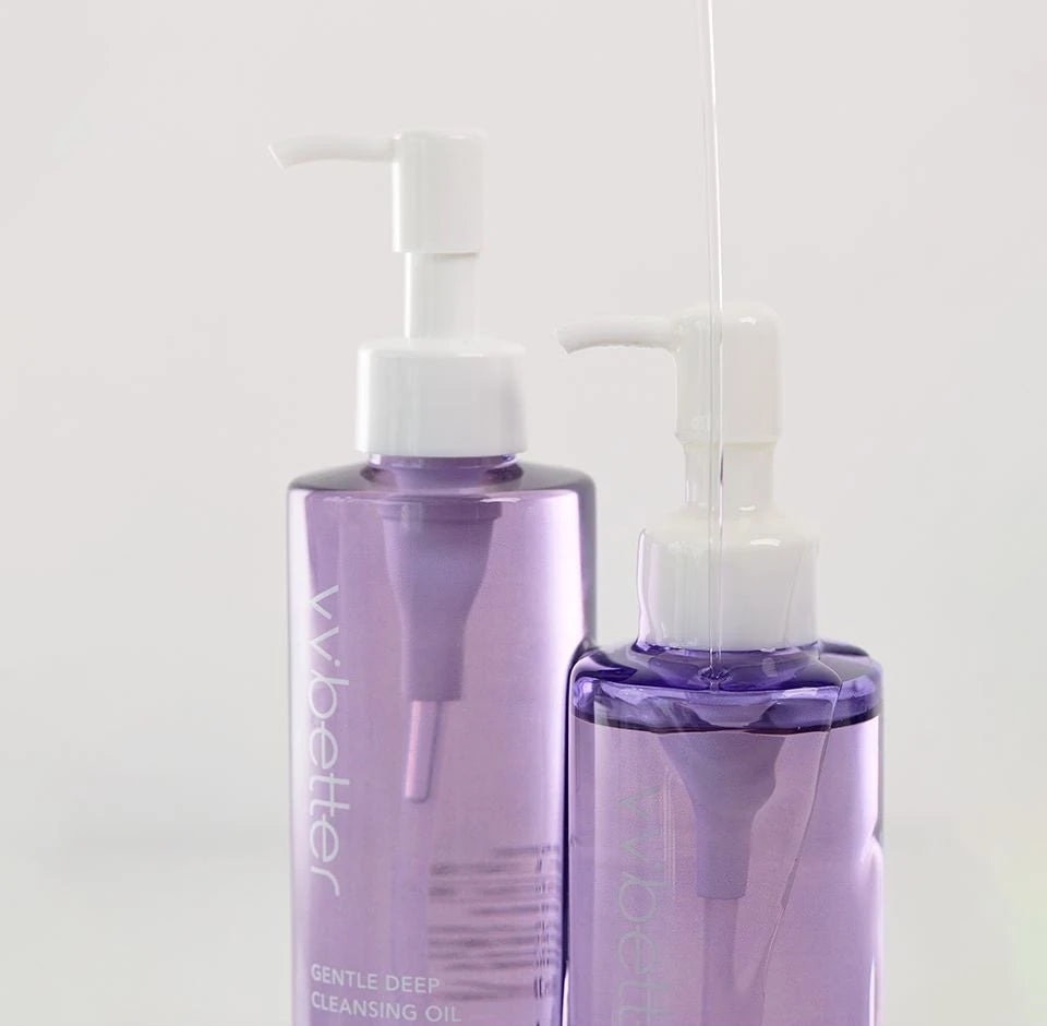 Two VVBETTER Gentle Deep Cleansing Oil pump bottles with a fine stream of oil