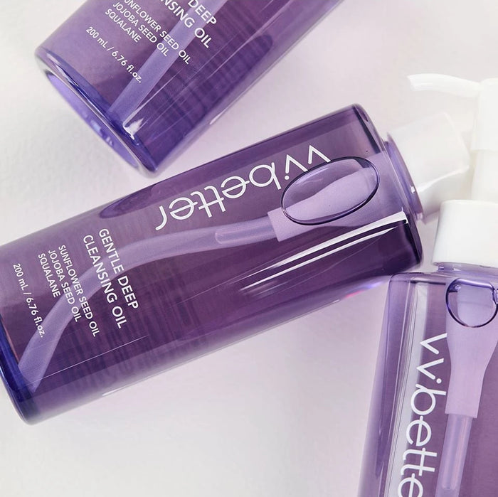 Three Gentle Deep Cleansing Oil bottles in a close crop