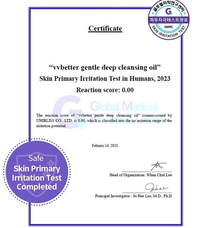 GMRC certificate: skin primary irritation test in humans, reaction score 0.00